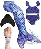 Meerjungfrauenflosse für Mädchen, Kinder, Jugendliche Schwimmfosse mit Bikini und Tattoos | blau schwarz